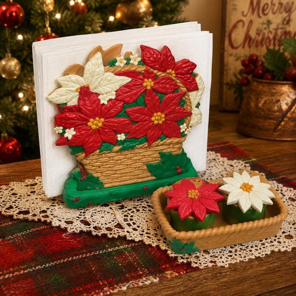 VTG Christmas Poinsettia Napkin Holder And Matching Salt Pepper Shakers Retro